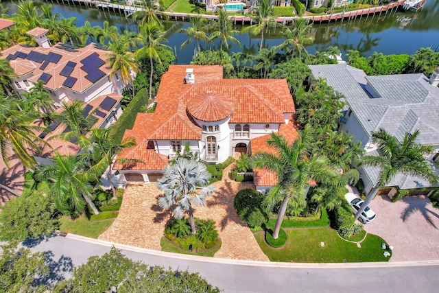 aerial view featuring a water view