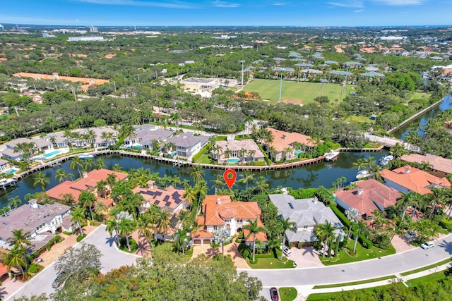 drone / aerial view with a water view