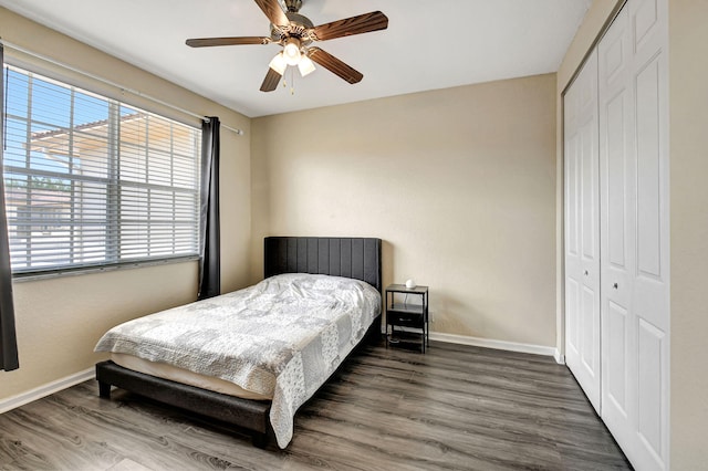 bedroom featuring ceiling fan, a closet, and wood-type flooring