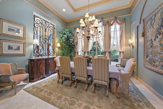 dining area with a notable chandelier and crown molding