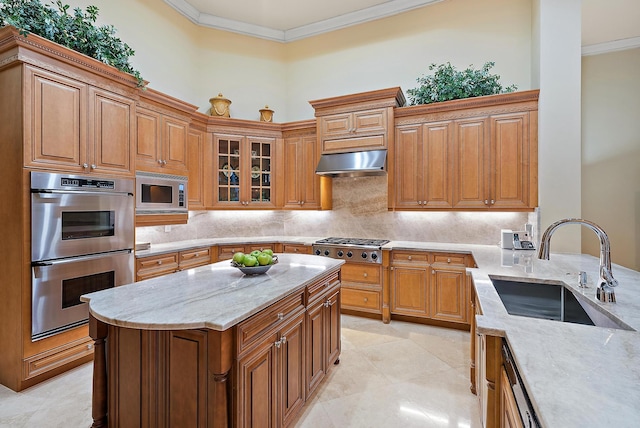 kitchen with stainless steel appliances, decorative backsplash, sink, crown molding, and light stone countertops