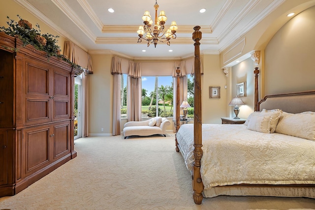 carpeted bedroom featuring a raised ceiling, an inviting chandelier, and ornamental molding