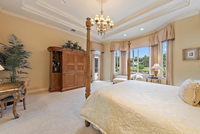 bedroom featuring a notable chandelier, a raised ceiling, crown molding, and light carpet