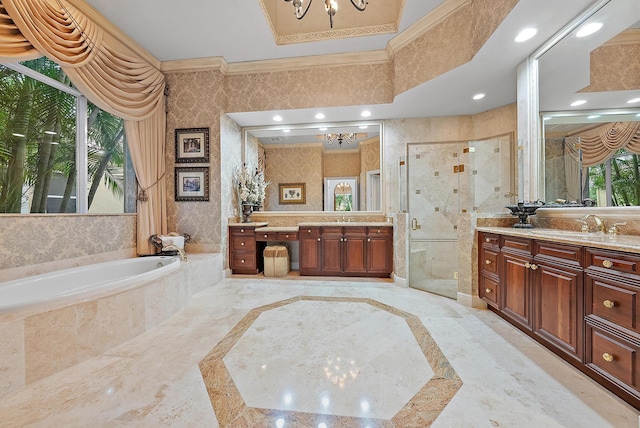 bathroom featuring crown molding, shower with separate bathtub, vanity, and tile patterned floors