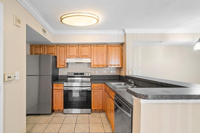 kitchen with ornamental molding, appliances with stainless steel finishes, light tile patterned floors, sink, and kitchen peninsula