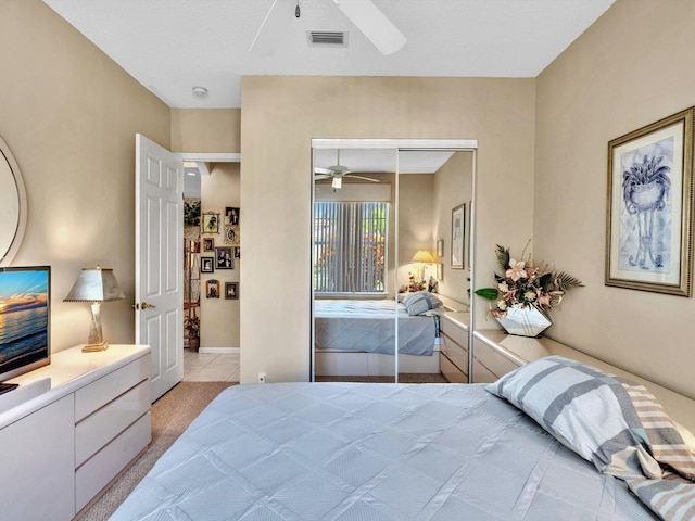 bedroom with visible vents, a closet, and ceiling fan