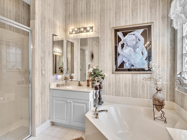 full bathroom featuring wallpapered walls, a shower stall, a garden tub, and tile patterned flooring