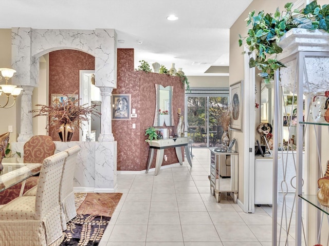 interior space featuring light tile patterned floors, recessed lighting, wallpapered walls, and baseboards