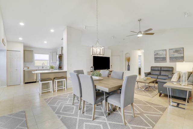 dining space with lofted ceiling, recessed lighting, a ceiling fan, and light tile patterned flooring