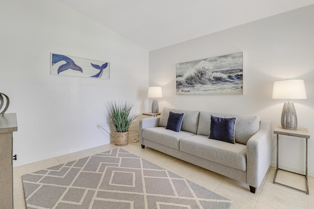 tiled living room with lofted ceiling