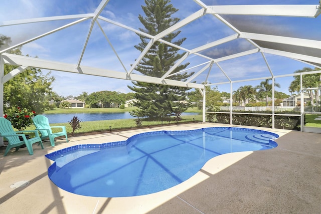 pool featuring a water view, a patio area, and a lanai