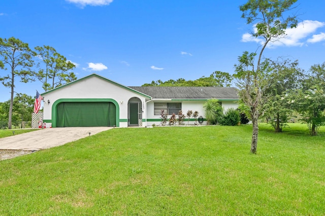 ranch-style home with a garage and a front lawn