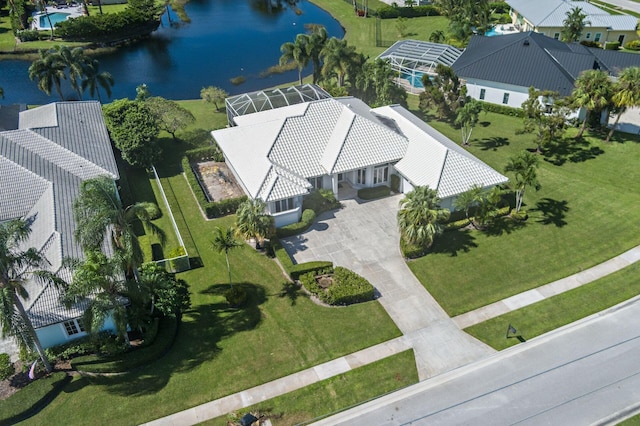 aerial view with a water view