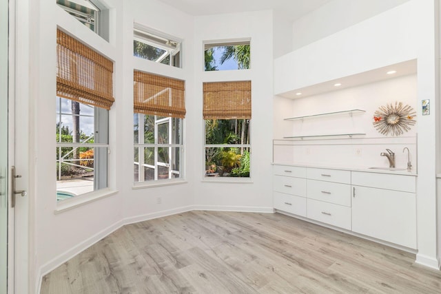 unfurnished dining area featuring sink and light hardwood / wood-style floors