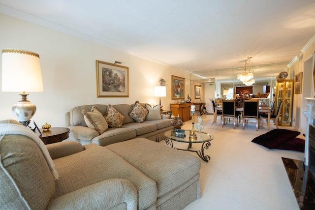 carpeted living room featuring ornamental molding