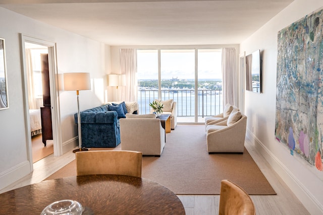 living room featuring a water view and light hardwood / wood-style floors