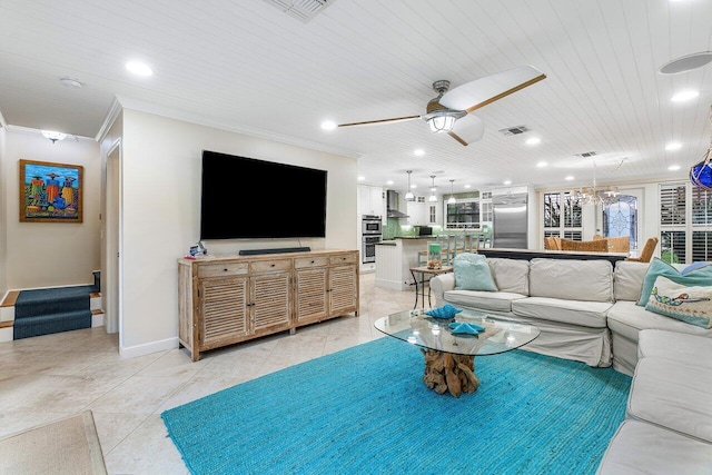 tiled living room featuring wood ceiling, ceiling fan, and ornamental molding