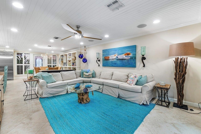 living room with ceiling fan, light tile patterned floors, and crown molding