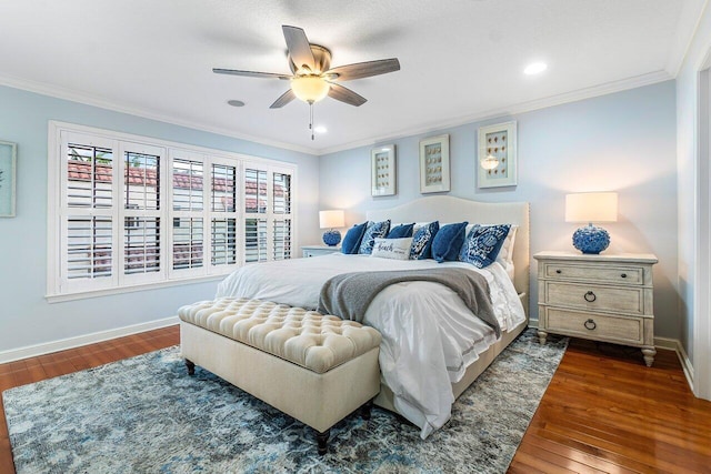 bedroom with ornamental molding, ceiling fan, and dark hardwood / wood-style floors