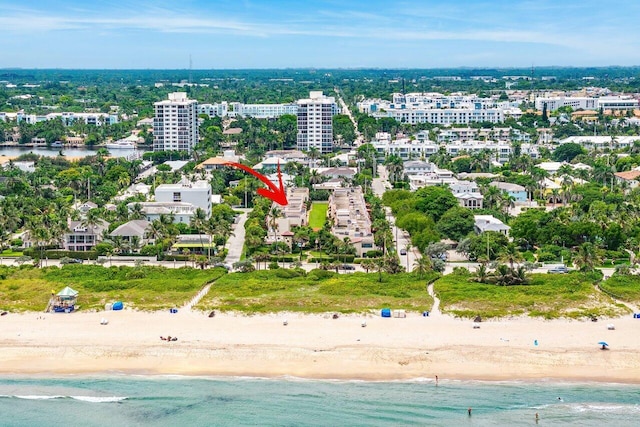 aerial view featuring a beach view and a water view