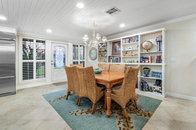 dining room with wooden ceiling, a notable chandelier, light tile patterned floors, built in features, and ornamental molding