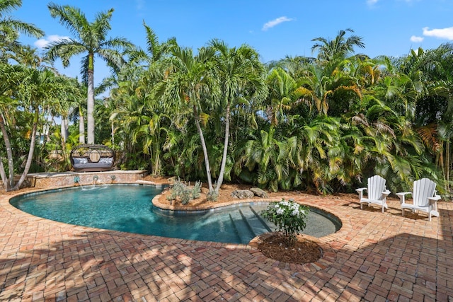 view of swimming pool with a patio and pool water feature