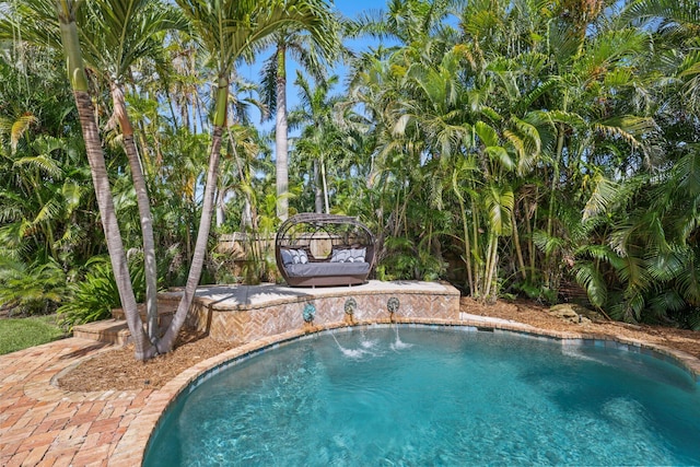 view of swimming pool with pool water feature