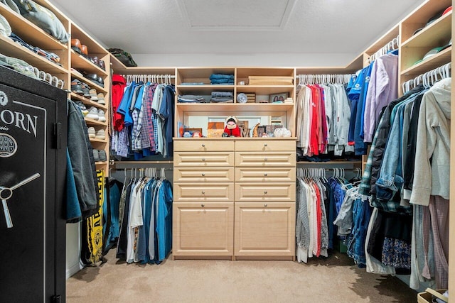 spacious closet featuring light carpet