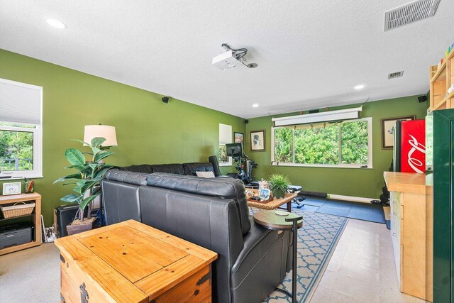 living room featuring a textured ceiling