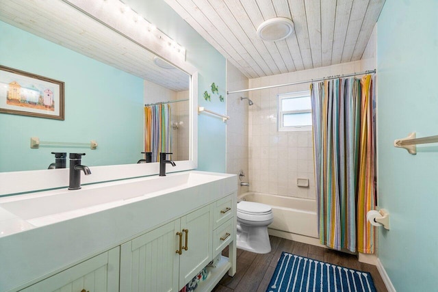 full bathroom with vanity, shower / bath combination with curtain, wooden ceiling, toilet, and hardwood / wood-style flooring