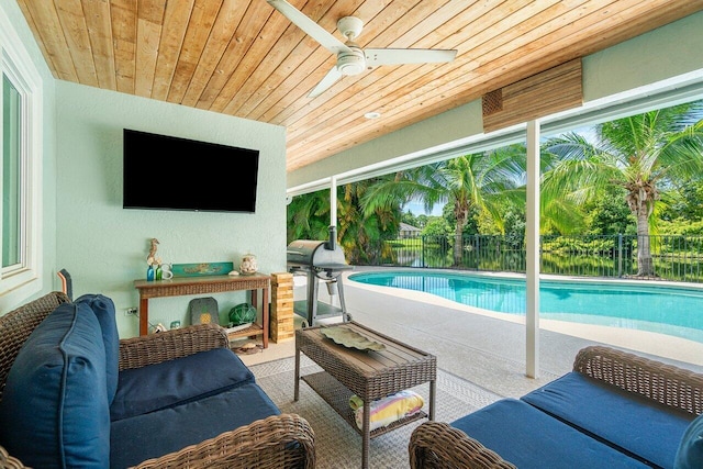 view of pool featuring outdoor lounge area, ceiling fan, grilling area, and a patio