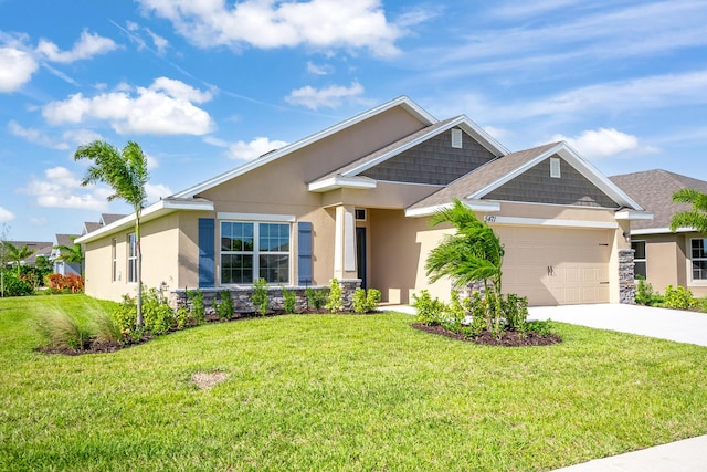 5471 Lugo St, Fort Pierce, FL 34951 - view of front of home featuring stone siding, stucco siding, driveway, a garage, and a front lawn