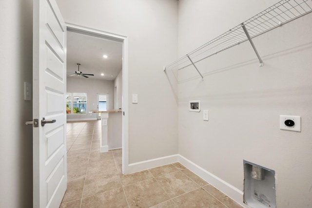 5471 Lugo St, Fort Pierce, FL 34951 - laundry room featuring washer hookup, hookup for an electric dryer, baseboards, a ceiling fan, and light tile patterned floors