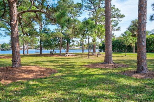 view of property's community with a lawn and a water view