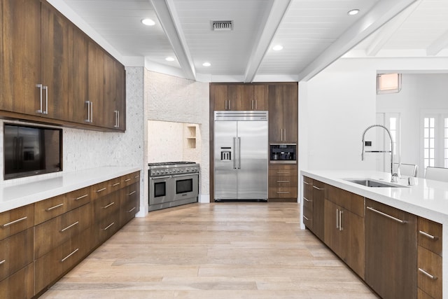 kitchen with light hardwood / wood-style floors, built in appliances, sink, beam ceiling, and decorative backsplash