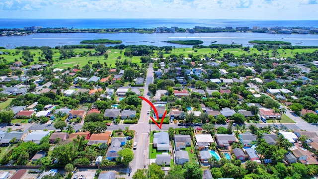 drone / aerial view featuring a water view