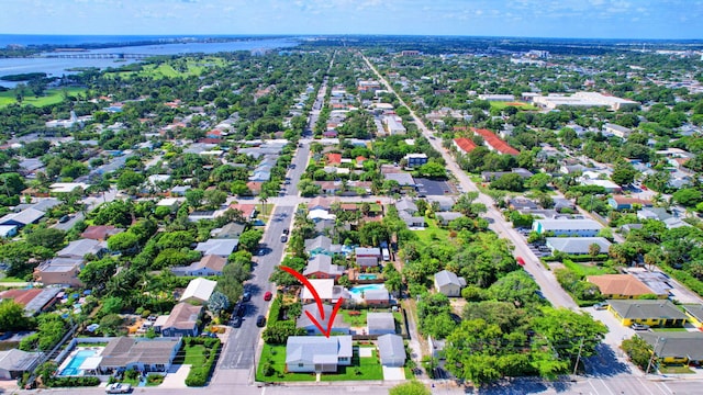 drone / aerial view featuring a water view