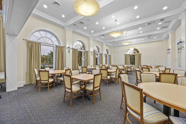 carpeted dining room with beam ceiling, crown molding, and a towering ceiling