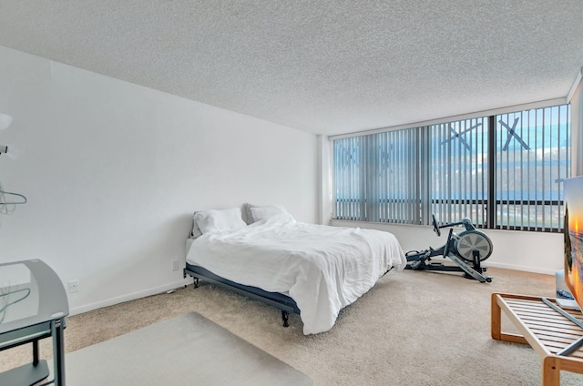 bedroom featuring a textured ceiling, multiple windows, and light colored carpet