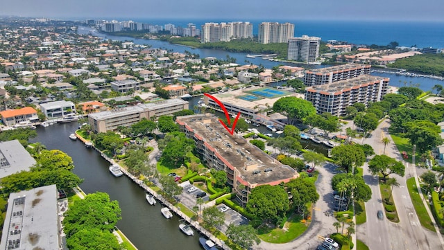 aerial view featuring a water view