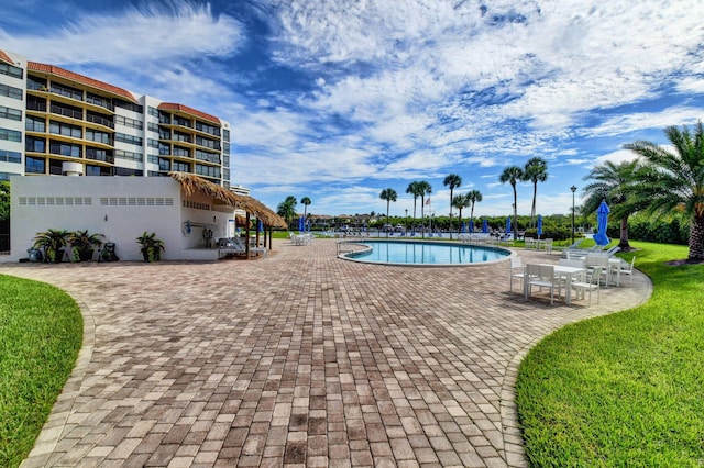 view of swimming pool with a patio