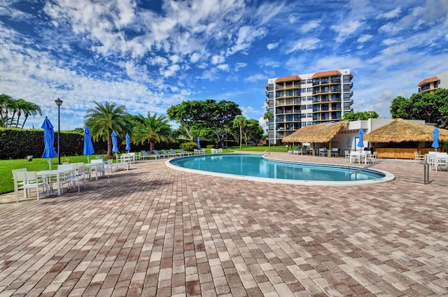 view of swimming pool featuring a patio