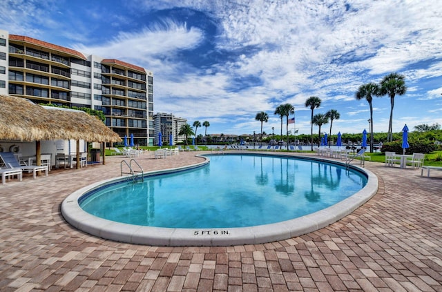 view of swimming pool featuring a patio area