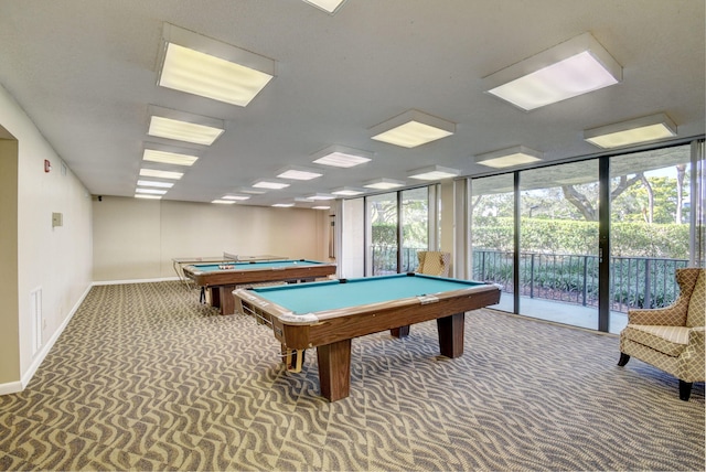 game room with a wealth of natural light, carpet, and pool table