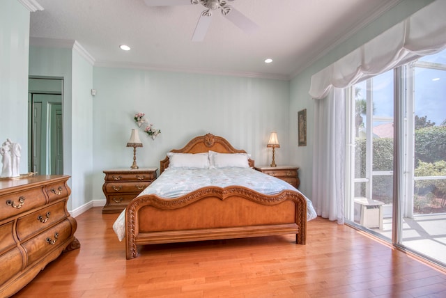 bedroom featuring access to outside, light hardwood / wood-style flooring, ceiling fan, and crown molding