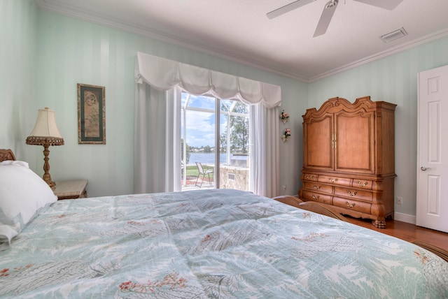 bedroom featuring access to outside, ceiling fan, and ornamental molding