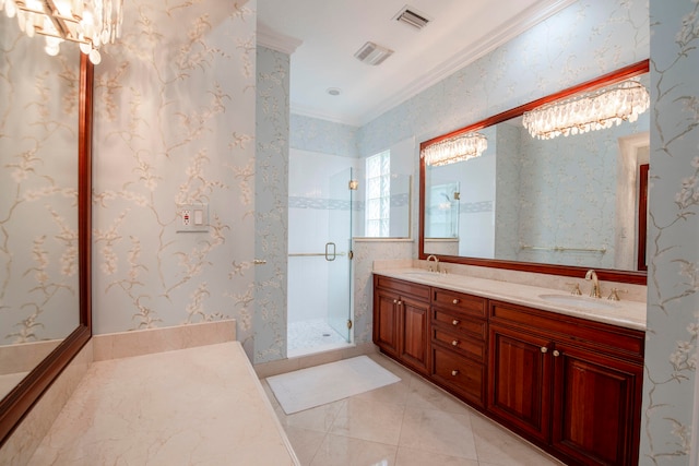 bathroom with tile patterned floors, vanity, ornamental molding, and walk in shower