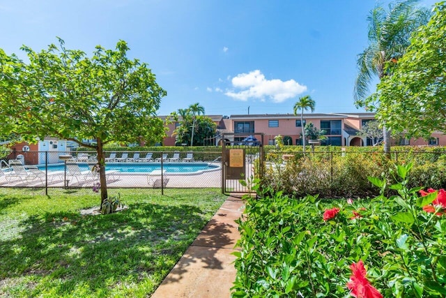 view of swimming pool with a yard