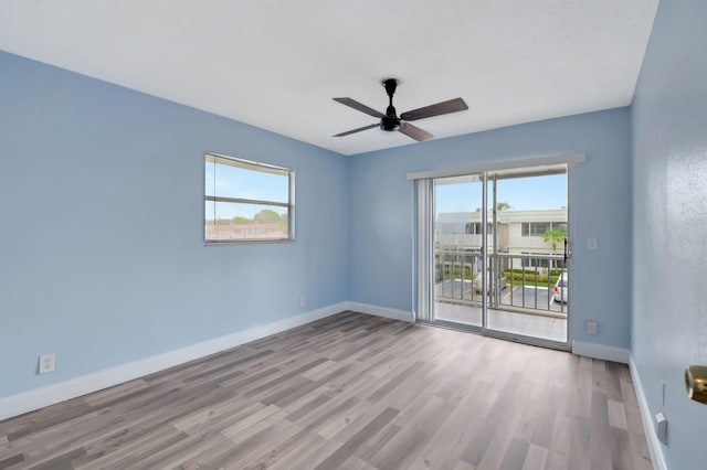 empty room with ceiling fan and light hardwood / wood-style flooring