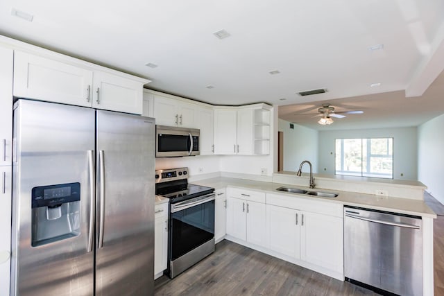 kitchen with sink, appliances with stainless steel finishes, white cabinets, kitchen peninsula, and dark wood-type flooring